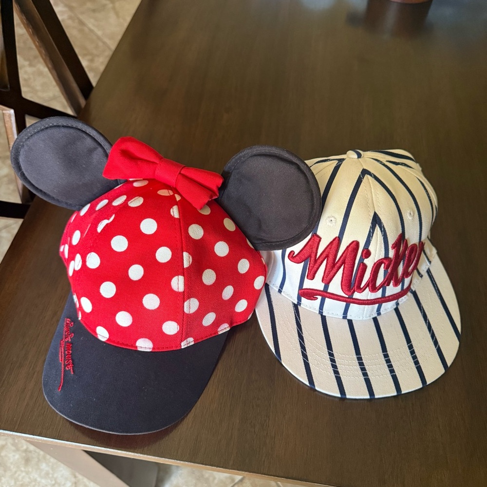 Disney Minnie Mouse Red Polka Dot and Mickey Blue Striped Caps